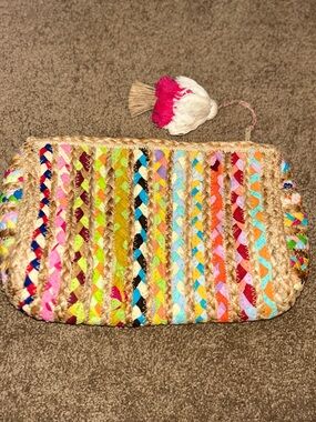 ANTIK KRAFT Beige Woven Jute Raffia Multicolor Braided Strip Fabrics Clutch EXC